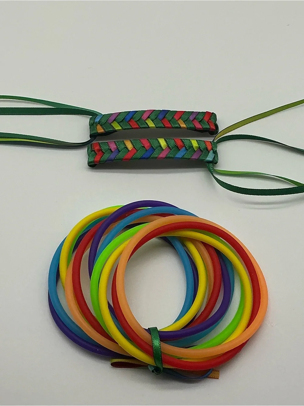 Dark Green and Rainbow 80s Barrettes & 12 Rainbow Colored Jelly Bracelets
